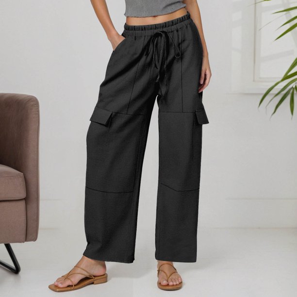 WILLBEST Pantalones Casuales de Lino para Mujer, Cintura Alta Elástica, con Cordón Ajustable, Holgados, de Pierna Ancha, para Actividades Informales En La Playa. Chica