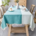thumbnail image 1 of Cotton Linen Solid Color Tablecloth Stitching Tassel Heavy Weight Table Cover for Kitchen Dining Home Tabletop Decorations, Rectangle 55 x 118 Inch, Teal, 1 of 6