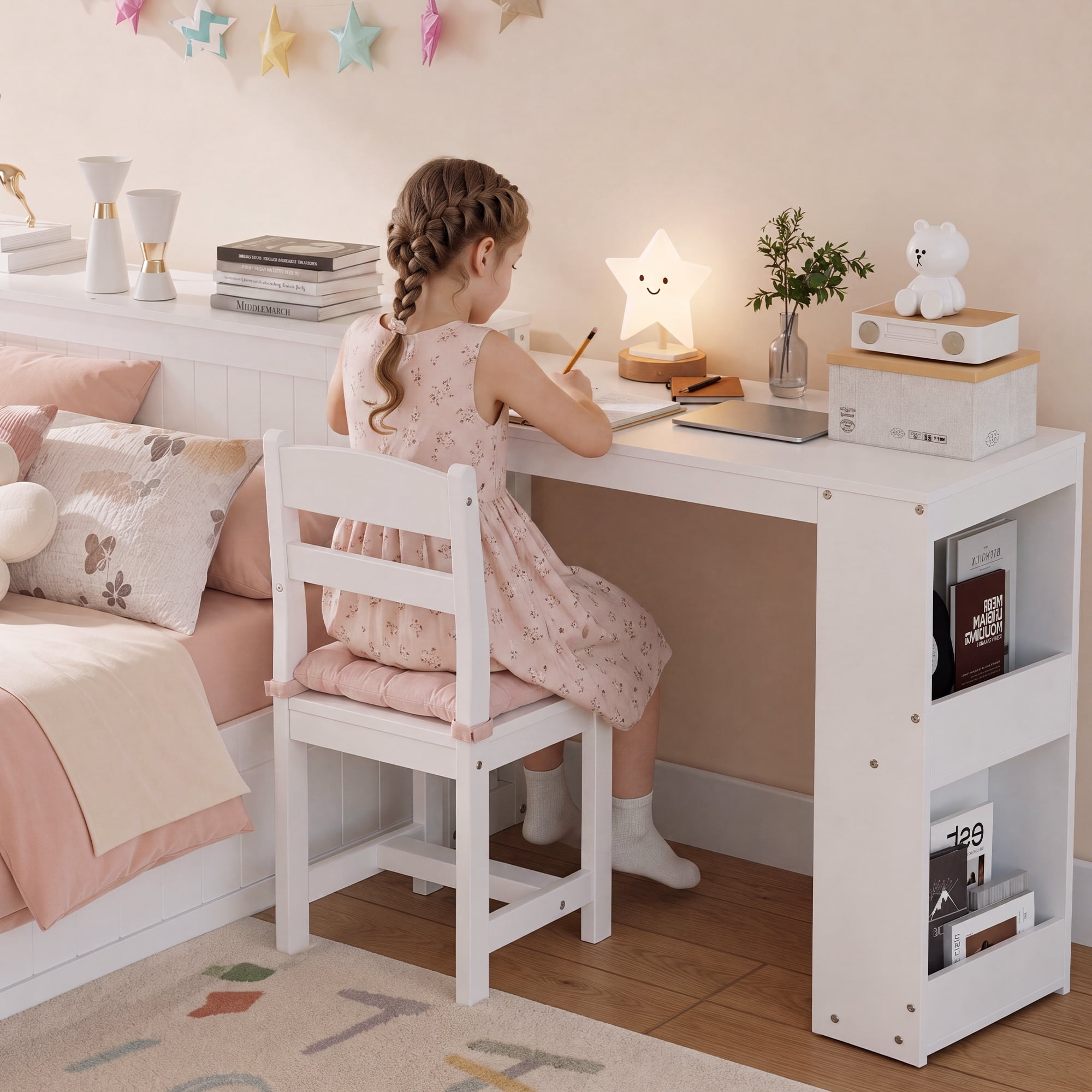 Mintazer Twin Size Platform Bed with Desk & Chair, Multifunctional Platform Bed with Storage Drawer & Side Open Shelves for Kids Teen Bedroom Apartment, White