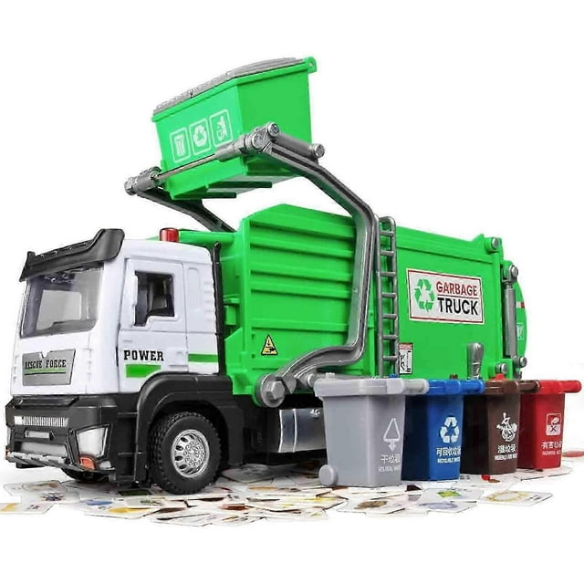 Garbage Truck Bin Lorry Toy with Lights Sounds, Friction-Powered Gift Kids 1:32