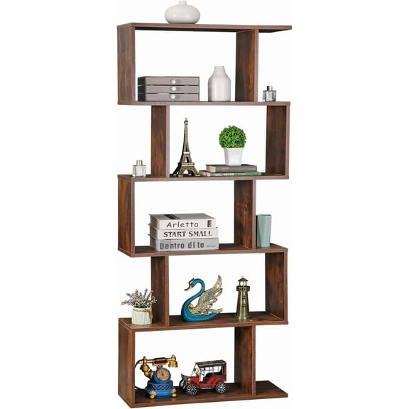 LEIYY Wood Bookcase, 5-Tier Bookshelf Geometric S-Shaped Shelf with Anti Tipping Device, Narrow Storage Rack and Room Divider for Bedroom Living Room Home Office, 62 Inch Tall Rustic Brown