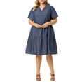 thumbnail image 5 of Agnes Orinda Women's Plus Size Chambray Dress Short Sleeves Button Down Flowy Tiered Shirt Dresses 1X Blue, 5 of 7