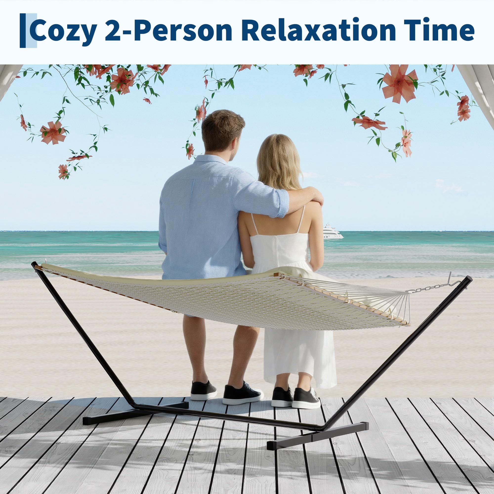 12FT Hammocks for 2 Person Indoor Outdoor, Quilted Fabric Hammock with Spreader Bar, Large Removable Pillow, Storage Pockets, Carabiners, Max 450 Lbs Capacity, Beige
