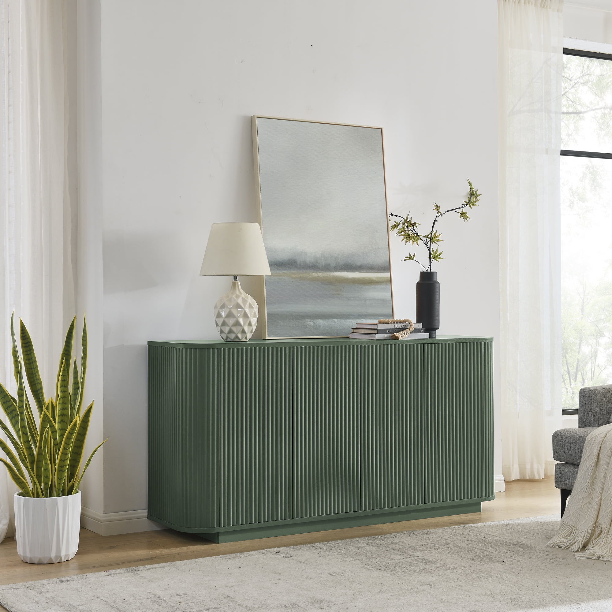 64" Modern Fluted Sideboard Buffet Cabinet - Green Storage Credenza with Adjustable Shelves for Living Room, Kitchen & Dining Room ,31.5" H
