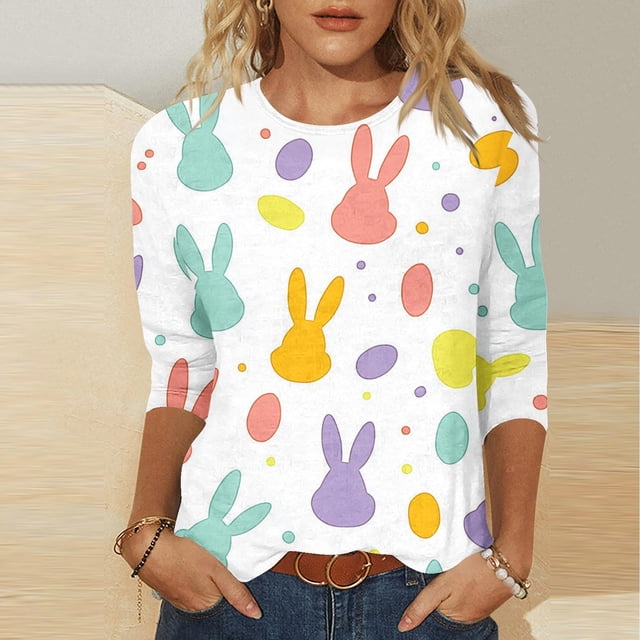 TaTaai Women's Easter Printed T Shirt 3/4 Sleeve Round Neck Casual Loose Fit Top Fashion Holiday Pullover Soft Comfortable for Spring Summer Daily Party Wear Gift