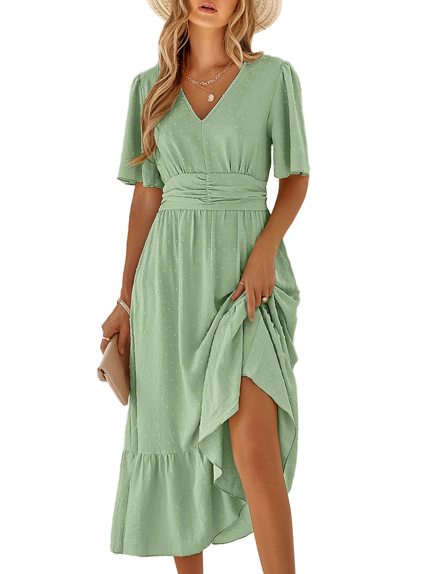 Chiclily Women Boho Maxi Dress Short Sleeve V Neck Swiss Dot Smocked High Waisted ALine Ruffle