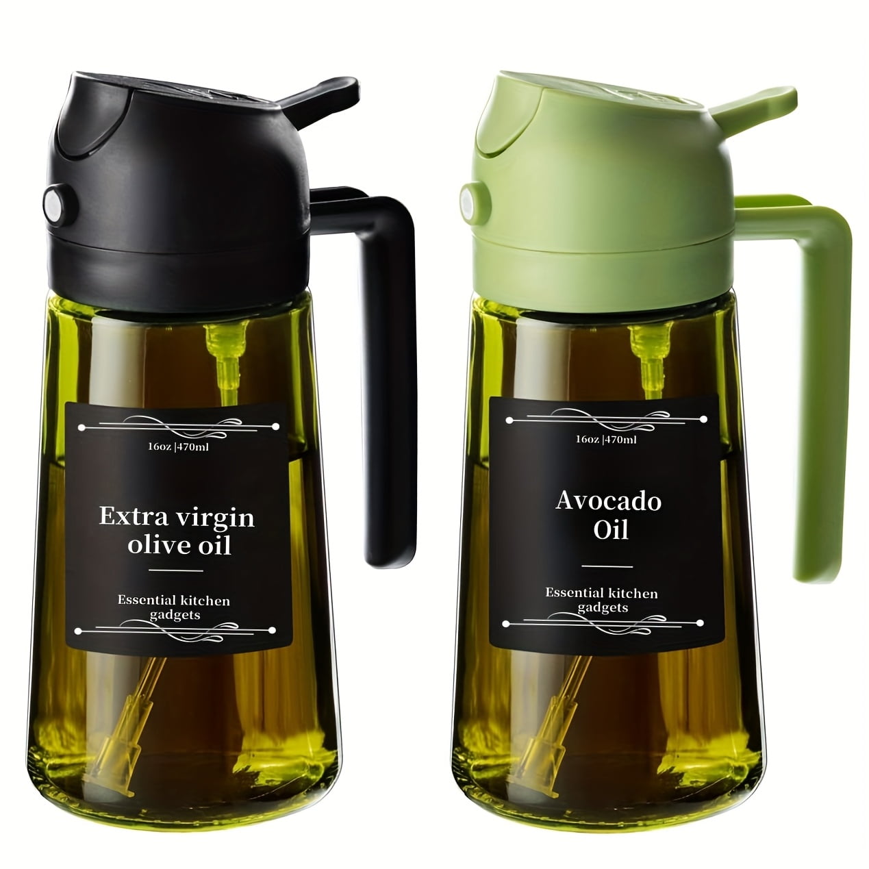 Oil Dispenser Bottle with Sprayer, 2 Pack 16 oz Dark Green Glass for Cooking BBQ