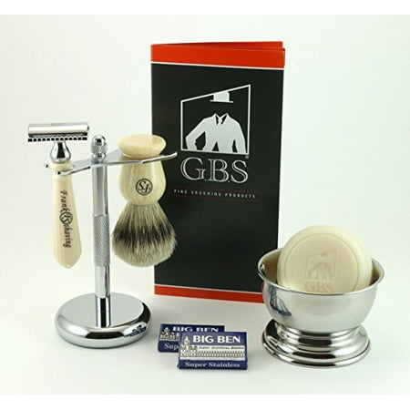 Men's Grooming Set with ivory Double edge Razor, 100% silvertip Badger
