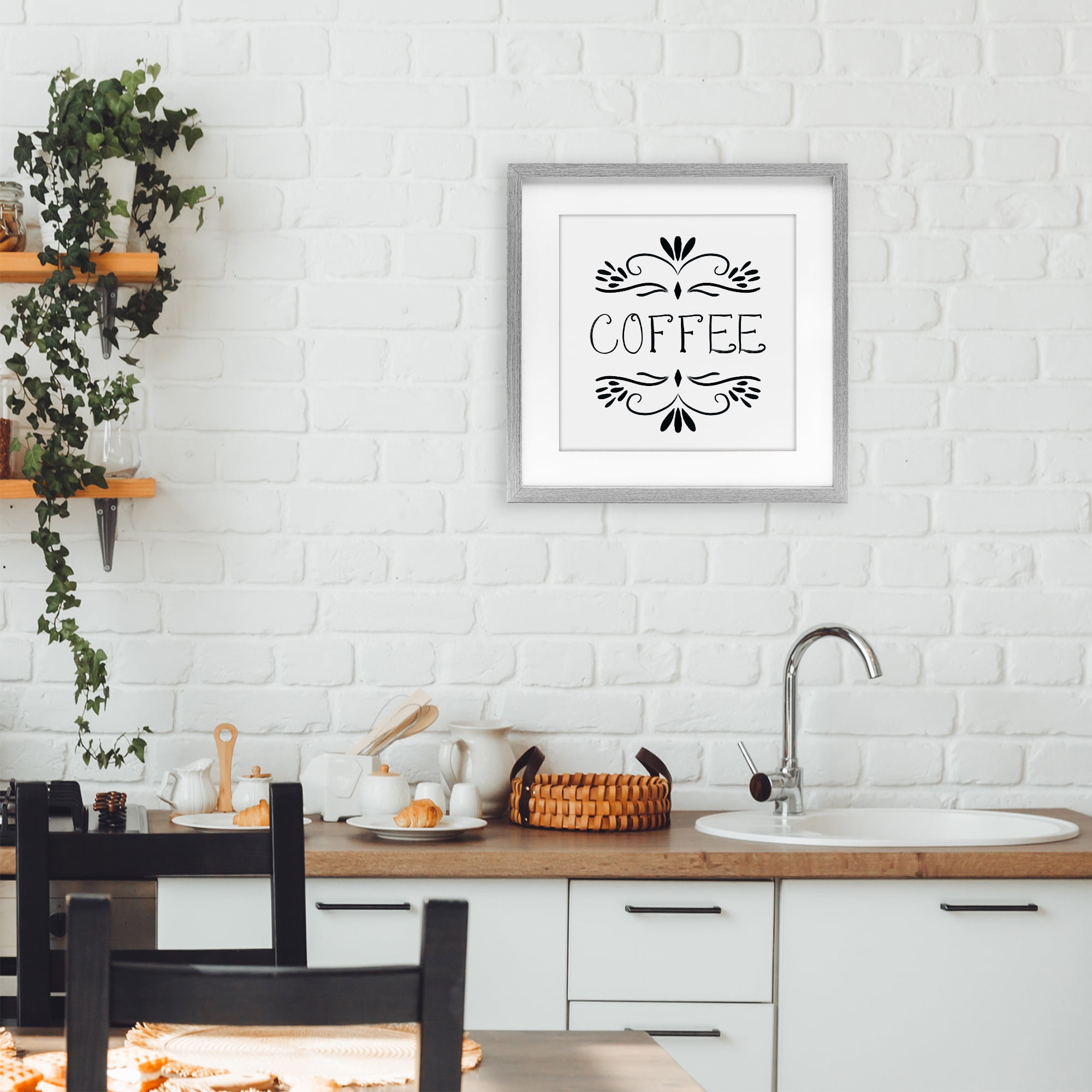 Stupell Industries Coffee with Floral Emblems Gray Framed Print Under Glass, design by Lucille Price