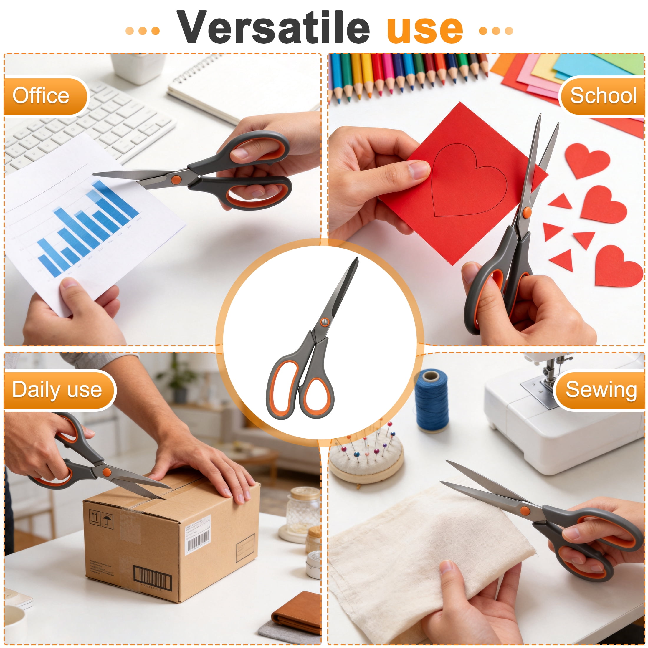 3 Pack Multipurpose Scissors, Multipurpose Stainless Steel Sharp Student&Office Scissor, Craft Scissors, Comfort‑Grip Hand Scissors for Office, School, Sewing, Home Use and Flower Trimming