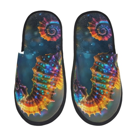 Balery Neon Seahorse Underwater Realm Slient Indoor Furry Fleece Comfort House Shoes Soft Non-Slip Home Shoes Cotton slippers House Slippers-- Medium
