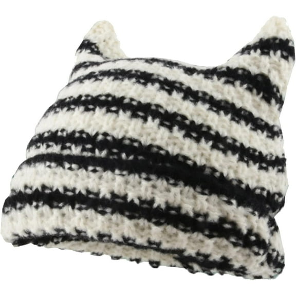YooGuoGuo Women Striped Beanie Hat with Little Devil Horn Winter Warm Cap Cute Cat Ears Knitted Hat Fall