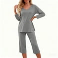 thumbnail image 2 of Pajamas for Women Set V-Neck Solid Color Long Sleeve Shirts Elastic Waist CaprisWomen Casual Loose Home Loungewear Pajama Sets, 2 of 8