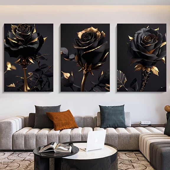 2D Flat, 3pcs, 2D Flat, Elegant Creative Black Golden Rose Printed Canvas, Frameless Fashion Luxury Abstract Poster, Suitable for Home Interior Living Room Bedroom Corridor Wall Decoration Canvas Po