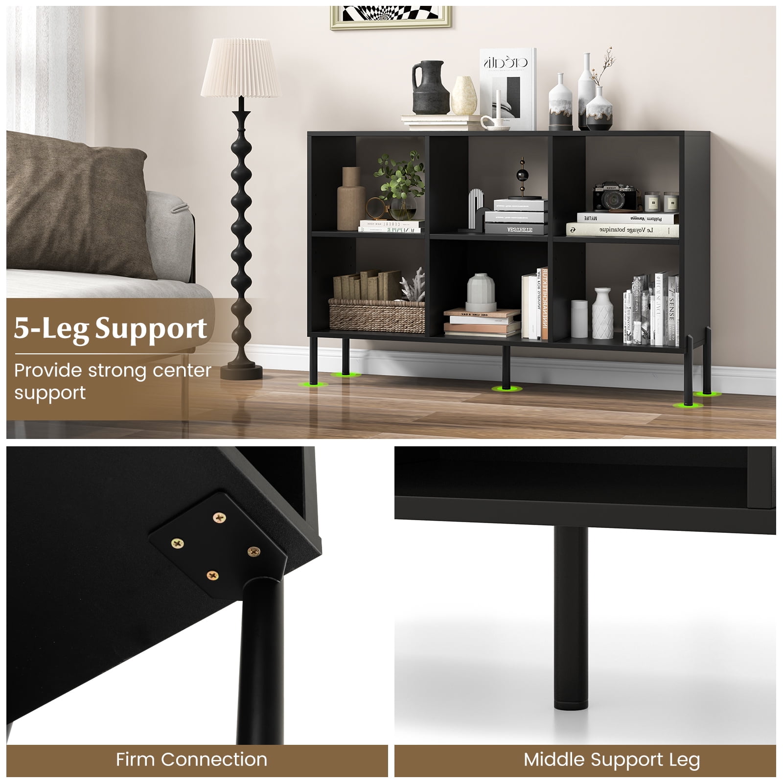 Giantex 6 Cube Storage Organizer Bookshelf, Wood Open Bookcase w/Metal Legs, Adjustable Display Shelf, Black