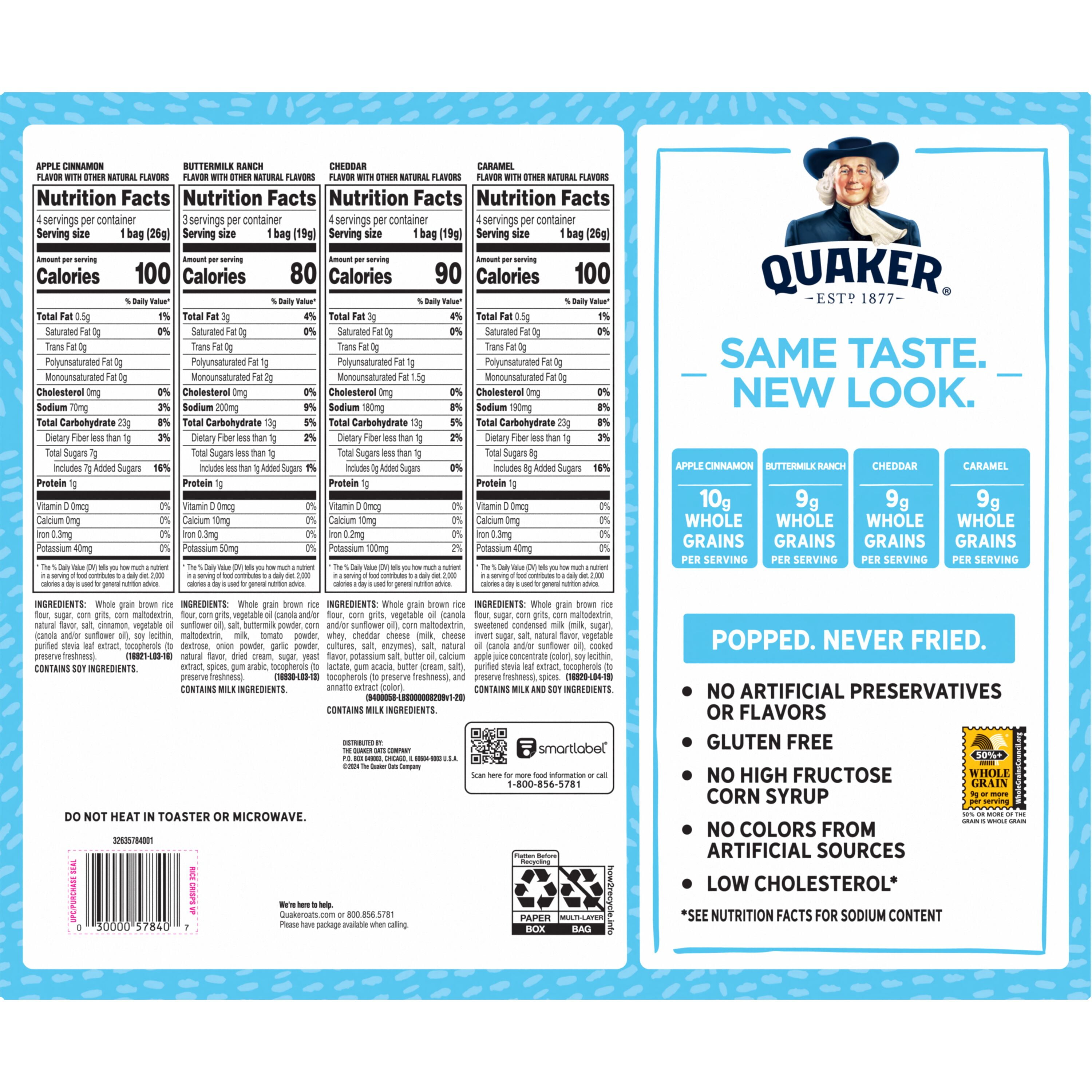 Quaker Rice Crisps Sweet & Savory Variety (Caramel, Cheddar, Apple Cinnamon, Ranch) 12 oz, 15 Count