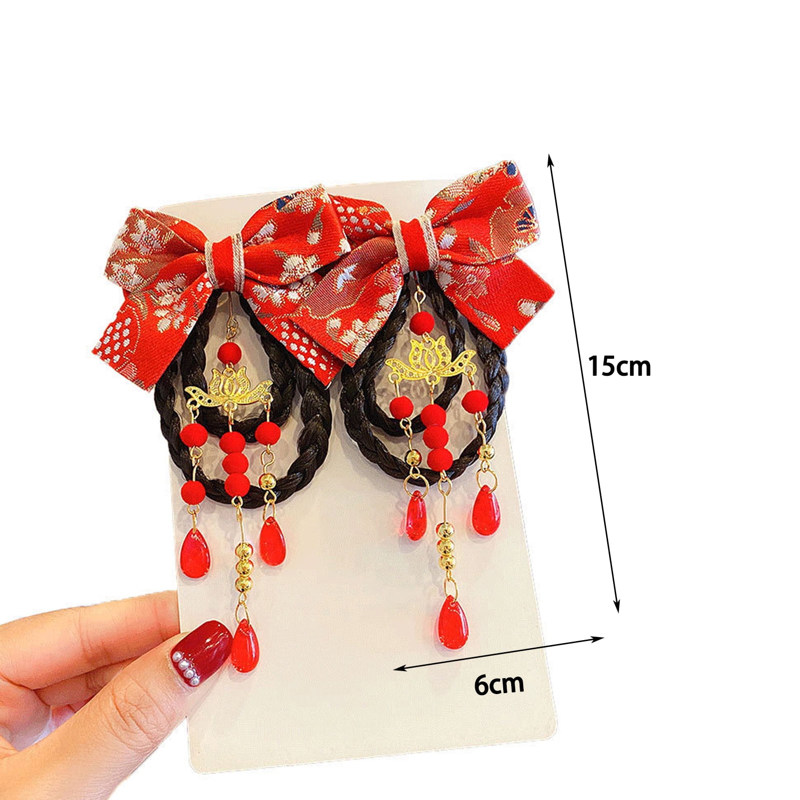 1 Pair Children Hair Clips Chinese Wig Braid Pendant Ornament Tassel Bow  Hairpins Lovely Sweet Hair Barrettes for New Year 