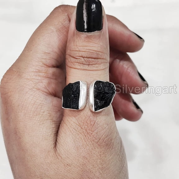 Natural Black Tourmaline Ring, Rough Tourmaline Adjustable Ring, October Birth, Dual Stone, 925 Sterling Silver, Womens Ring, Christmas, Thanksgiving, Handmade, Statement Jewelry, Raw Gemstone Jewelry