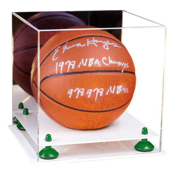 Better Display Cases Acrylic Full Size Basketball Display Case with Mirror, Green Risers and White Base (A001-GRR)