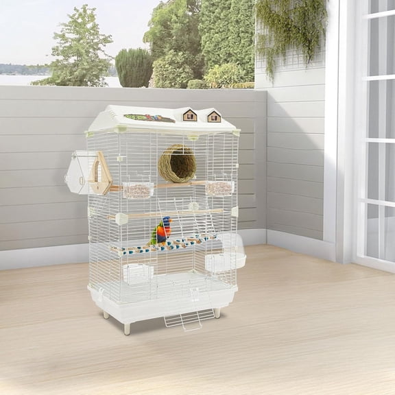 2-Tier Visible Bird Cage for Small Birds, 47x30x77cm with Full Accessories Kit
