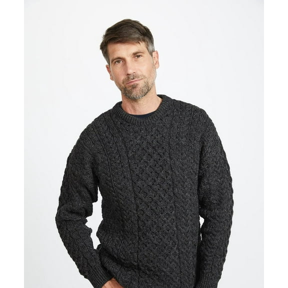 Aran Woollen Mills Mens Traditional Aran Sweater, Real Irish Wool, Made in Ireland, Large, Gray