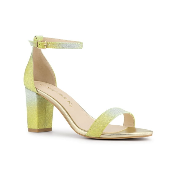 BLISSFUL STEP Women's Shoes Ankle Strap Open Toe Glitter Chunky Heels Sandals Yellow 7.5