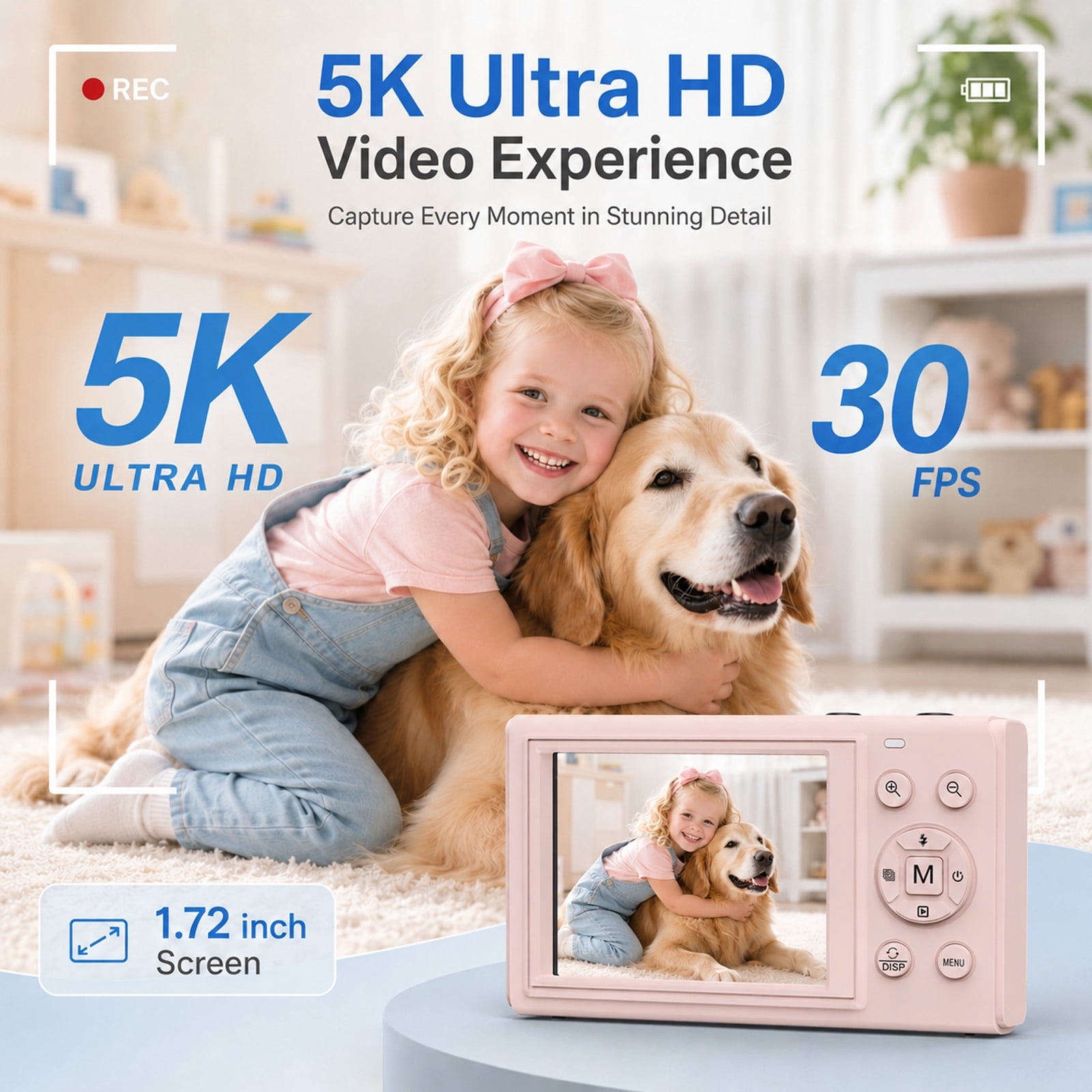 5K 80MP Digital Camera, Dual Screen WiFi Point-and-Shoot Camera with 18X Zoom, Flash and 64GB Card for Vlogging, Teens and Adults, Pink