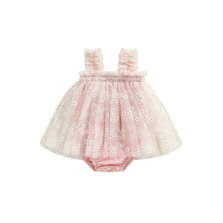 

Baby Girl Summer Romper Cute Sleeveless Square Neck Floral Print Bodysuit Newborn Tulle Dress