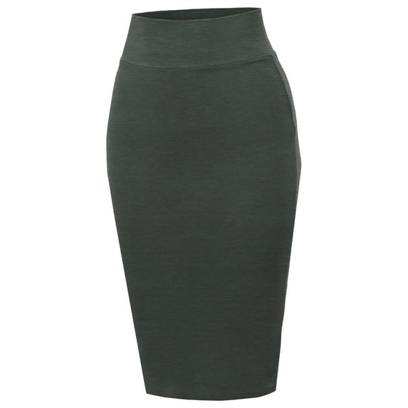 A2Y Women's Basic Solid Ponte Knee Length Slit Techno Span High Waist Pencil Skirt Heather Olive 1XL