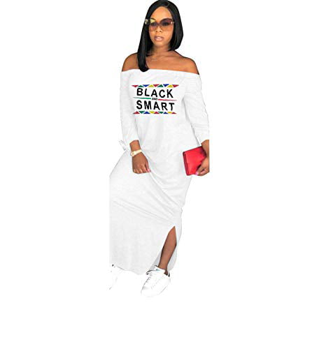 OLUOLIN Womens Summer Off Shoulder Letter Print Long Sleeve T Shirt Maxi  Dress with Slit White - Walmart.com