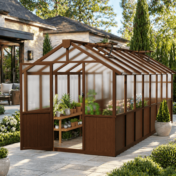PABIMIA 8 ft. x 16 ft. Wood Greenhouse, Outdoor Walk-in Greenhouse Kit with Polycarbonate Panels and Adjustable Roof Vent