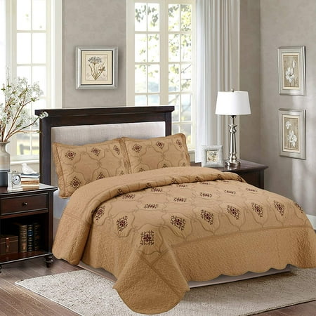MarCielo 3-Piece Fully Quilted Embroidery Quilts Bedspreads Bed Coverlets Cover Set Burgundy Brown Emma(Queen Size Taupe)