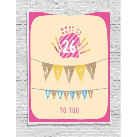26th Birthday Decorations Tapestry, Anniversary Flag with Best Wishes Message Life Modern Print, Wall Hanging for Bedroom Living Room Dorm Decor, 60W X 80L Inches, Peach Hot Pink, by