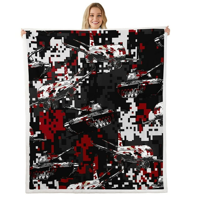 Erosebridal Vintage Tank Sherpa Blanket, Camo Aircraft Fuzzy Blanket Throw, Military Room Decor