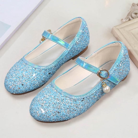 YMNXA Kids Children Girls Sandals Soft Sole Non Slip Closed Toe Low Heel Glitter Sequins Fashion Comfortable Shoes For Wedding Party,Blue,2.5-3 Years