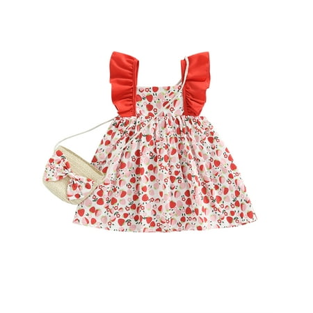 

TheFound Summer Toddler Baby Girl Boho Floral Ruffle Sleeveless Flower Dress Sundress with Straw Bag Set Beachwear