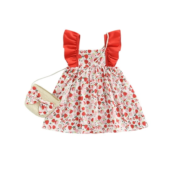 Franhais Baby Girl Summer Cotton Dress Cute Strawberry Print Sleeveless Ruffles A-line Fit Sweet Dress with Bag
