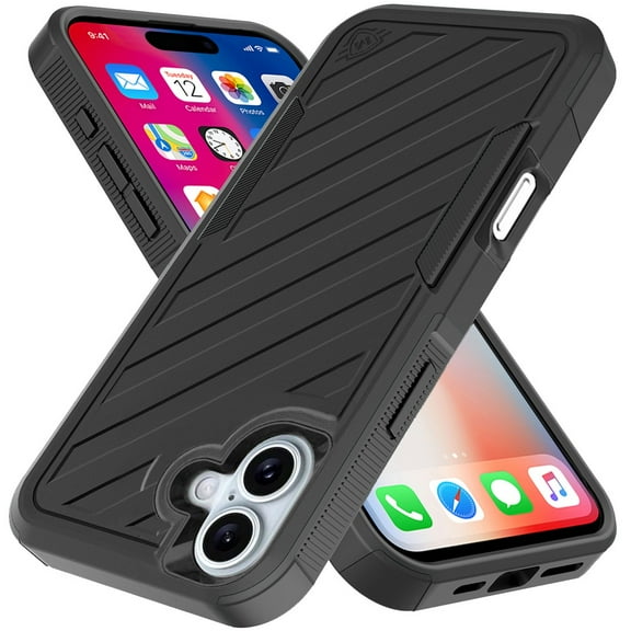 For Apple iPhone 16 (6.1") Hybrid lined shockproof dual layer Rugged 2in1 Hard PC & Silicone TPU Non Slip Textured Tough Armor Cover ,Xpm Phone Case [ Black ]