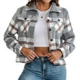 thumbnail image 3 of Women'S Flannel Cropped Long Sleeve Lapel Jacket Fashion Plaid Button-Down Shirt Autumn Outerwear Tops Light Grey S, 3 of 7