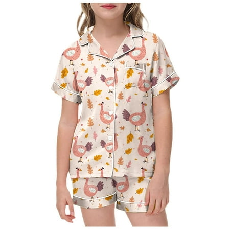 AJIWYH 2t Girl Clothes Little Baby Girls Boys Pajamas Set Thanksgiving Turkey Pumpkin Satin Silk Kids Short Sleeves Sleepwear 2 Piece Button Down Classic Loungewear Shorts Set Pink 10-11 Years