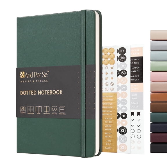 &And Per Se Bullet Dot Journal Notebook, A5 Hardcover with 3 Sticker Sheets & Pen Loop - Choose from 26 Colors & Designs(Green)