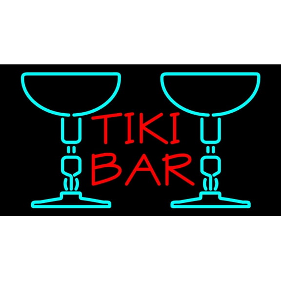 Tiki Bar with Two Martini Glasses LED Neon Sign 20 x 37 - inches, Clear Edge Cut Acrylic Backing, with Dimmer - Bright and Premium built indoor LED Neon Sign for Bar decor.