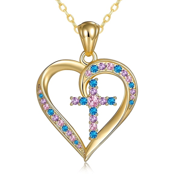 14K Gold Plated Heart Cross Pendant Necklace for Women with Cubic Zirconia Stones