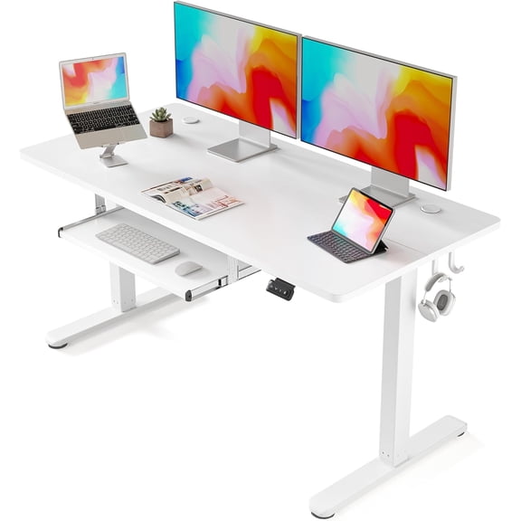 FEZIBO Standing Desk with Keyboard Tray, 55 x 24 Inch Adjustable Height Sit Stand Desk with Memory Presets for Home Office, Ergonomic Computer Workstation, White