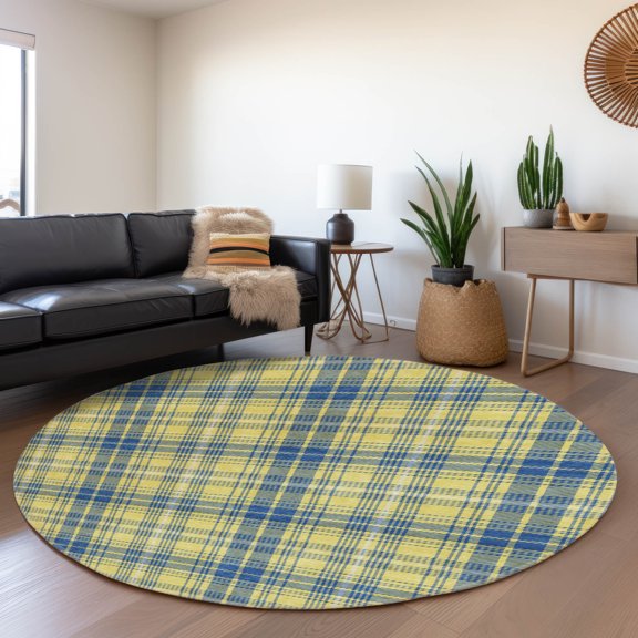 Addison Rugs Mayfield Premium Machine Washable Transitional Plaid Yellow Round Rug, 8' x 8'