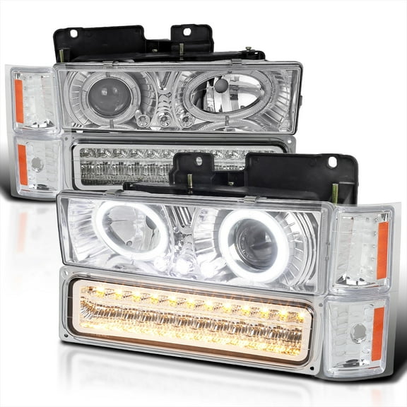 Spec-D Tuning Chrome Projector Headlights   LED Bumper   Clear Corner Lamps Compatible with 1994-1998 Chevy C10 Silverado Left   Right Pair Headlamps Assembly