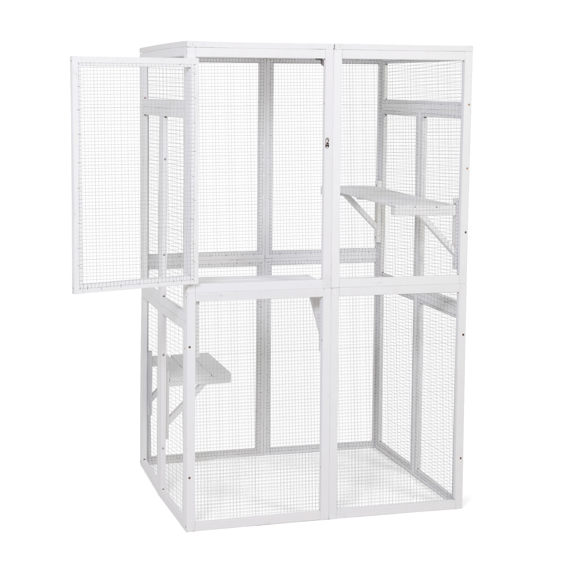 Pefilos 64" Cat House Outdoor Catio Cat Enclosures Wooden Kitty House with Platforms, Waterproof Roof, Hammock, White Pefilos 64" Cat House Outdoor Catio Cat Enclosures Wooden Kitty House with Platforms, Waterproof Roof, Hammock, White