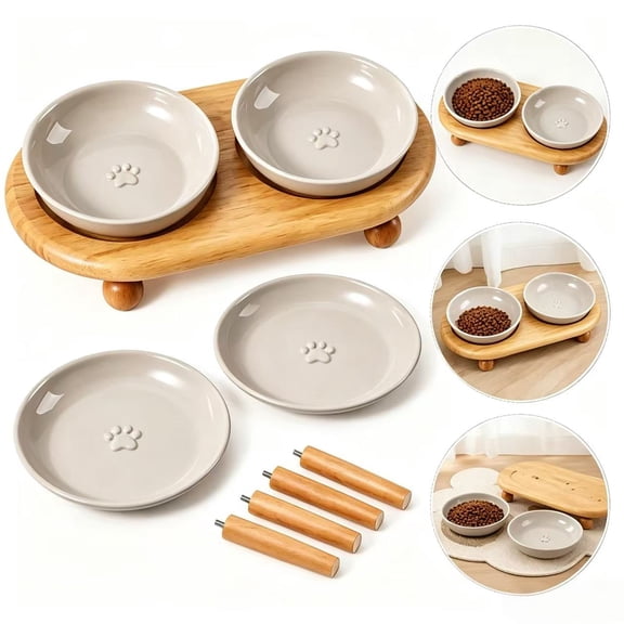 Elevated Ceramic Cat Bowls Set, Whisker Friendly Shallow & Deep Cat Food and Water Bowls with Double Height Wooden Stand, Non-Slip Raised Cat Bowl Stand for Kittens, Adult & Senior Cats