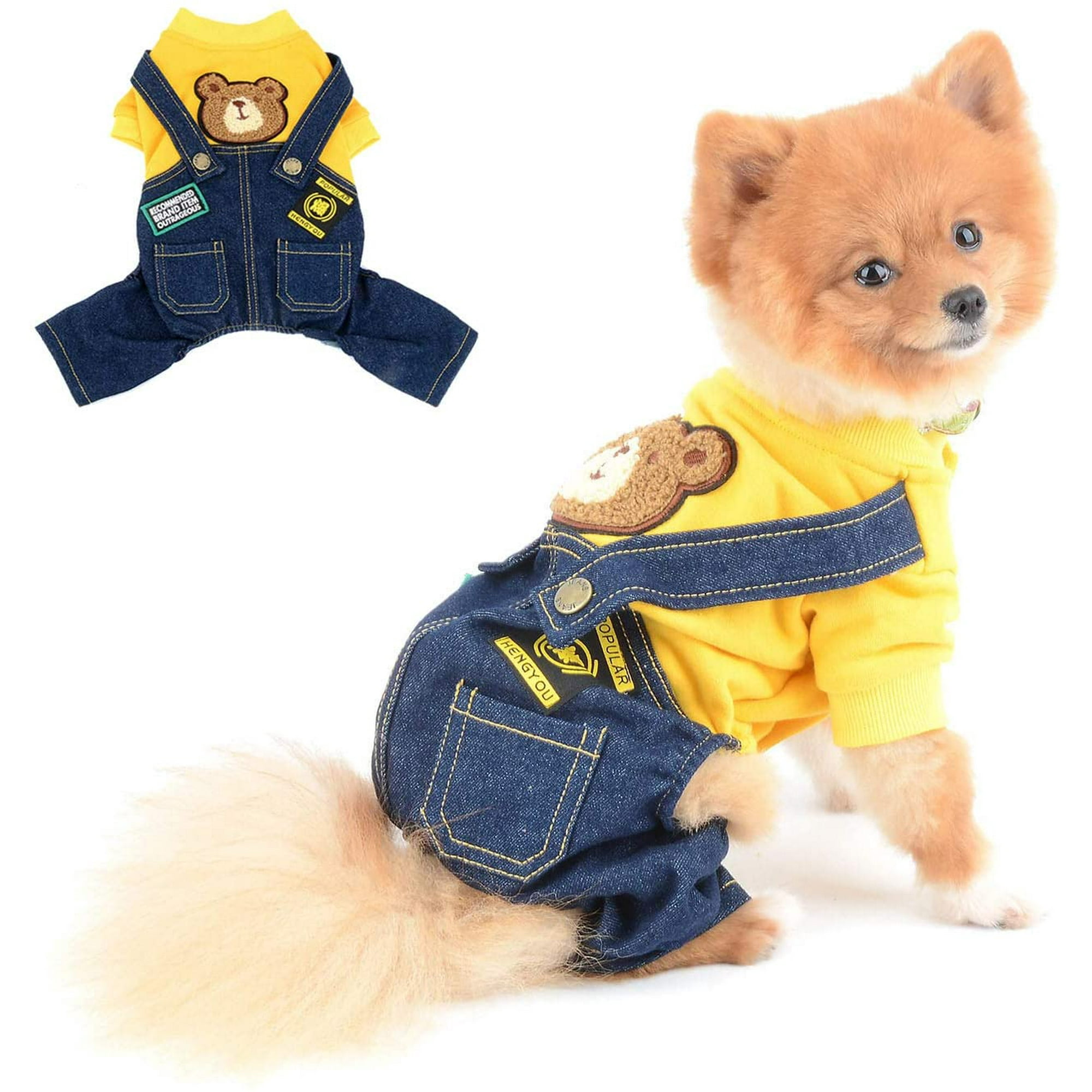 Dog Outfits for Small Dogs Boy Girl Spring Shirts Denim Bib Pants 2 Pockets Jumpsuits One Piece Apparel for Cats Puppies Chihuahua Clothes Adorable Overall for Medium Pet 4 legs Autumn Yellow
