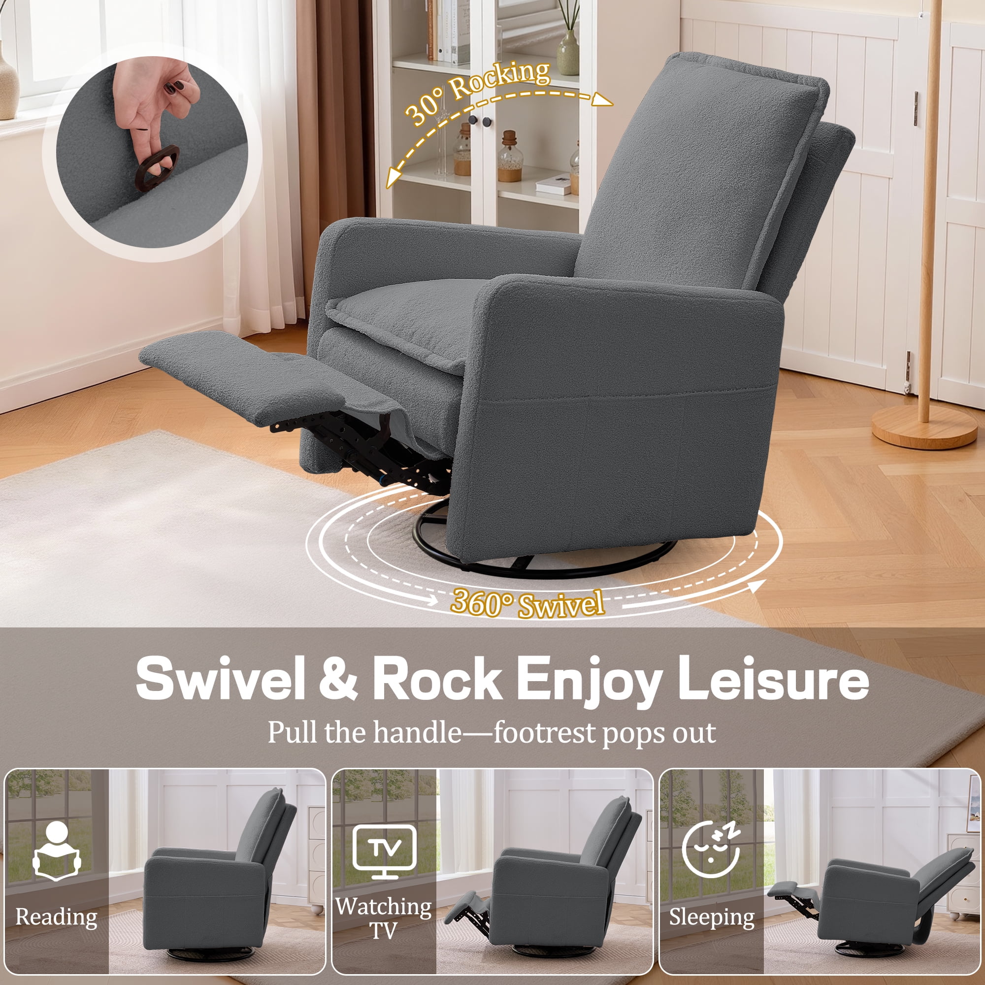 Korser Manual Swivel Rocker Recliner Chair with Side Pockets Nursery Glider Recliner for Living Room, Nursery, Grey